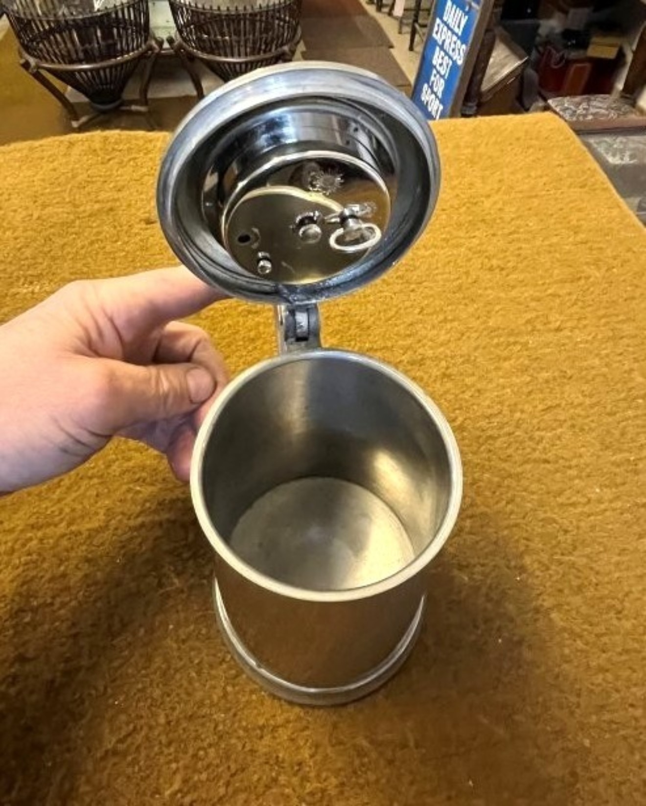 Vintage French Pewter Lidded Tankard with Clock in the Lid By Les Etains du Manoir Paris France