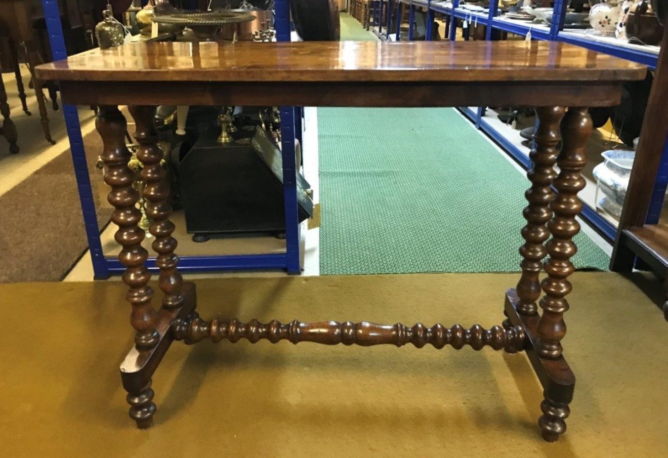 Victorian Inlaid Walnut Hall / Console Table Bobbin Turned Legs and Stretchers