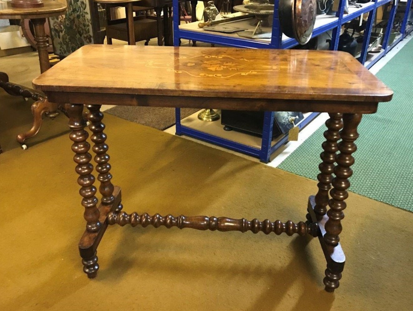 Victorian Inlaid Walnut Hall / Console Table Bobbin Turned Legs and Stretchers