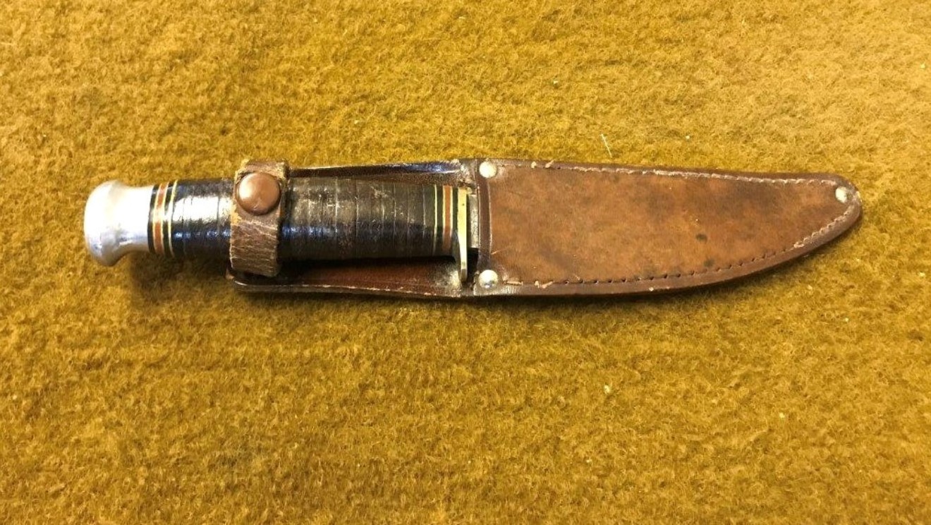 Vintage Leather Handled William Rogers I Cut My Way Knife in Leather Sheath