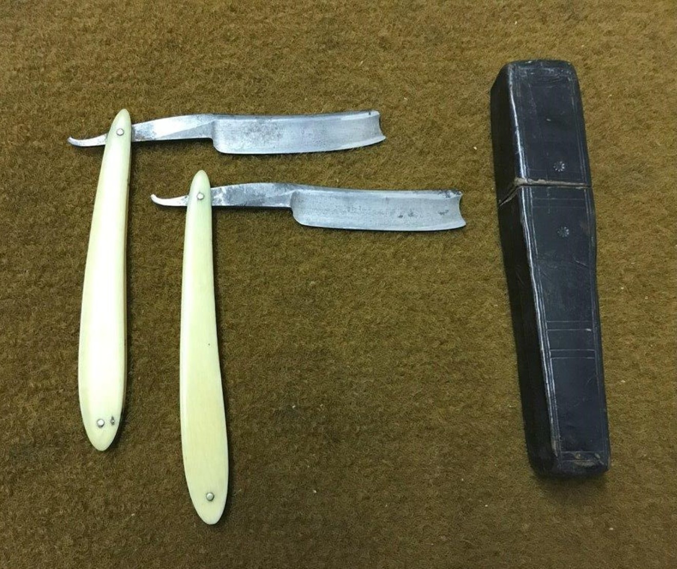 Antique Pair of W&T Marsh's Standard Cut Throat Razors in Original Leather Bound Double Coffin Box