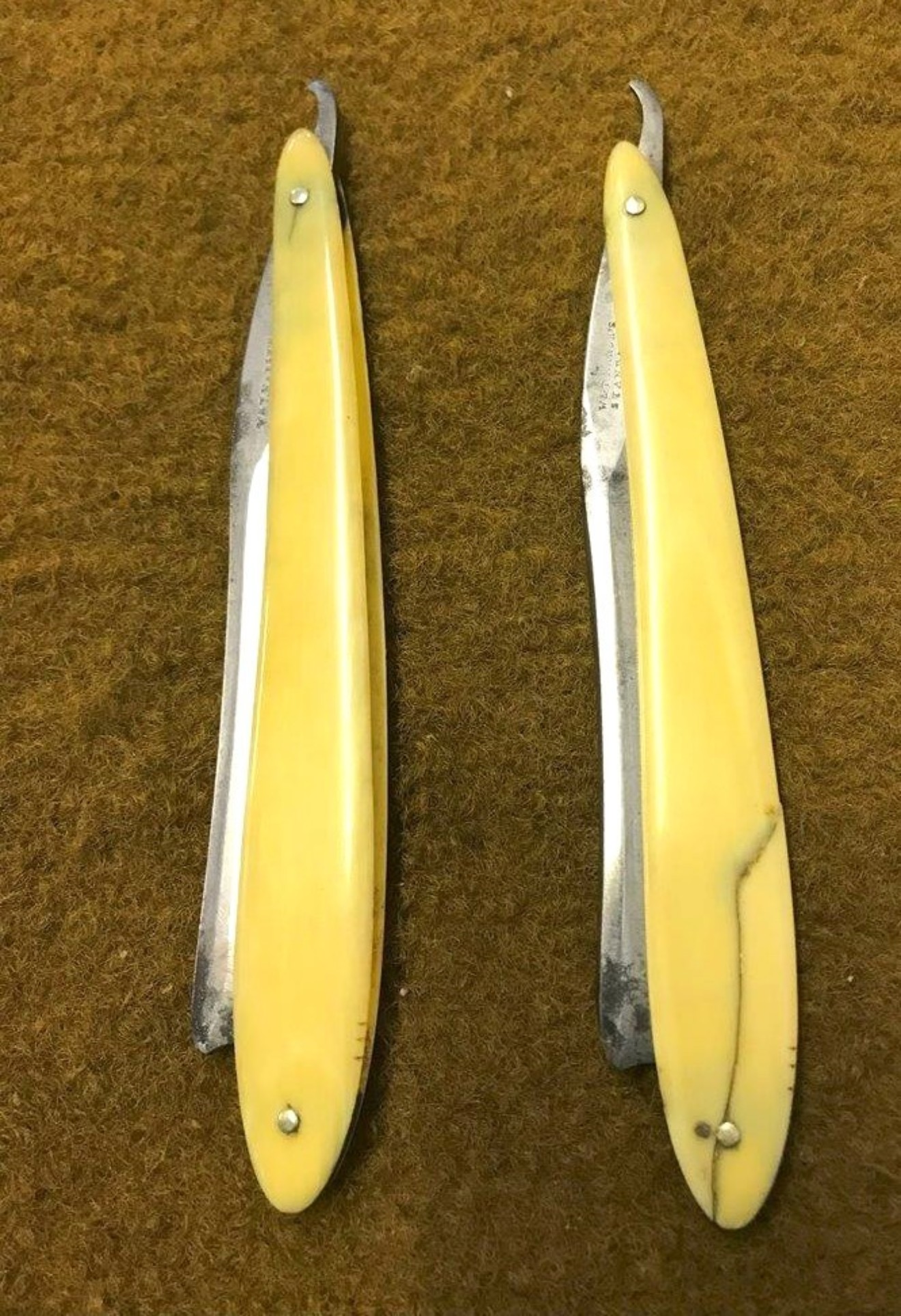 Antique Pair of W&T Marsh's Standard Cut Throat Razors in Original Leather Bound Double Coffin Box