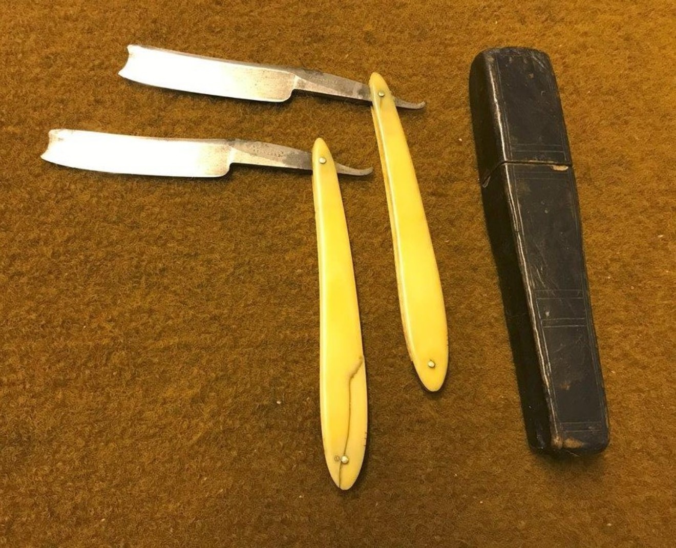 Antique Pair of W&T Marsh's Standard Cut Throat Razors in Original Leather Bound Double Coffin Box