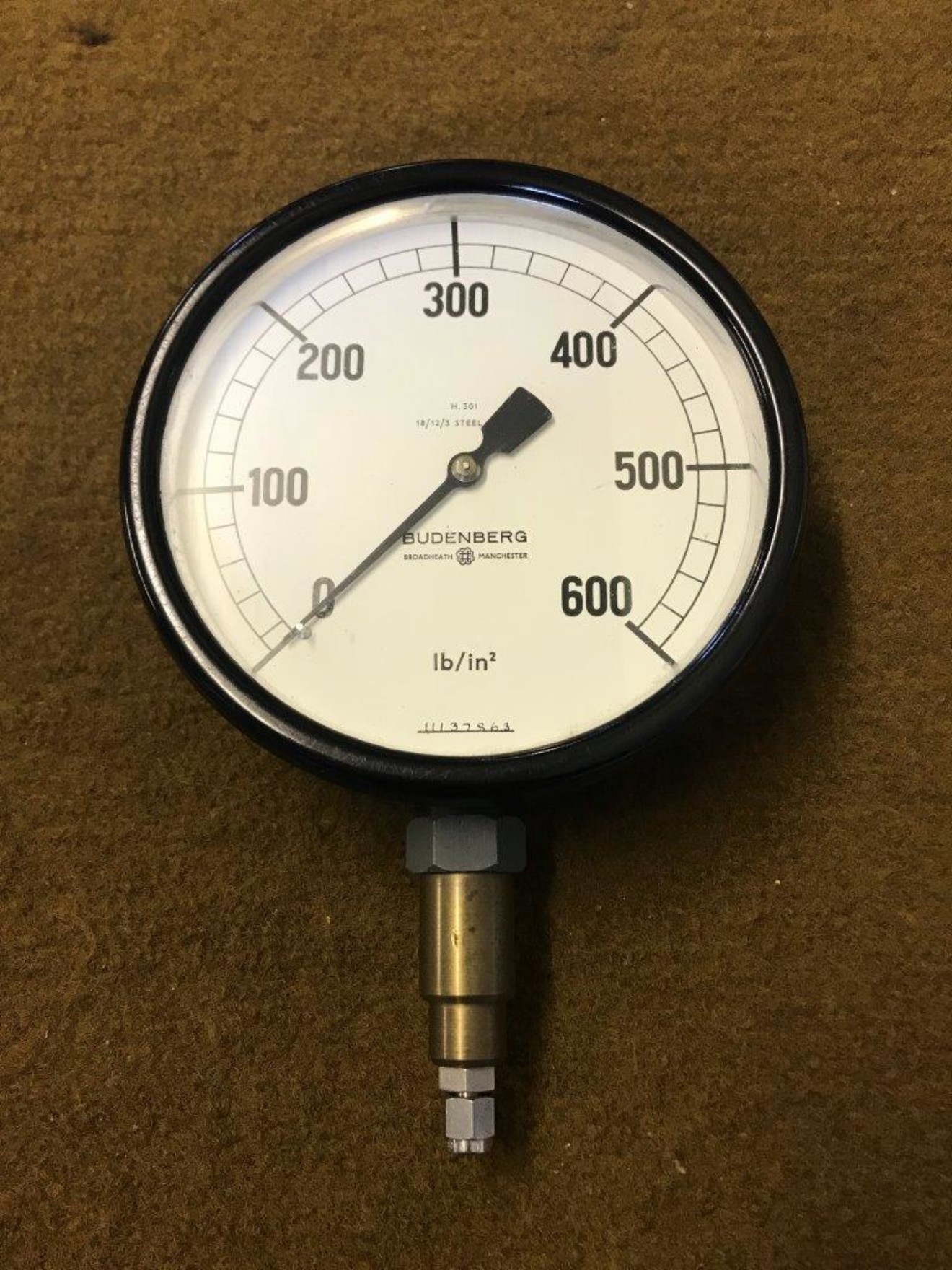 Vintage Budenberg Pressure Gauge 0 to 600 Psi, 6" Face