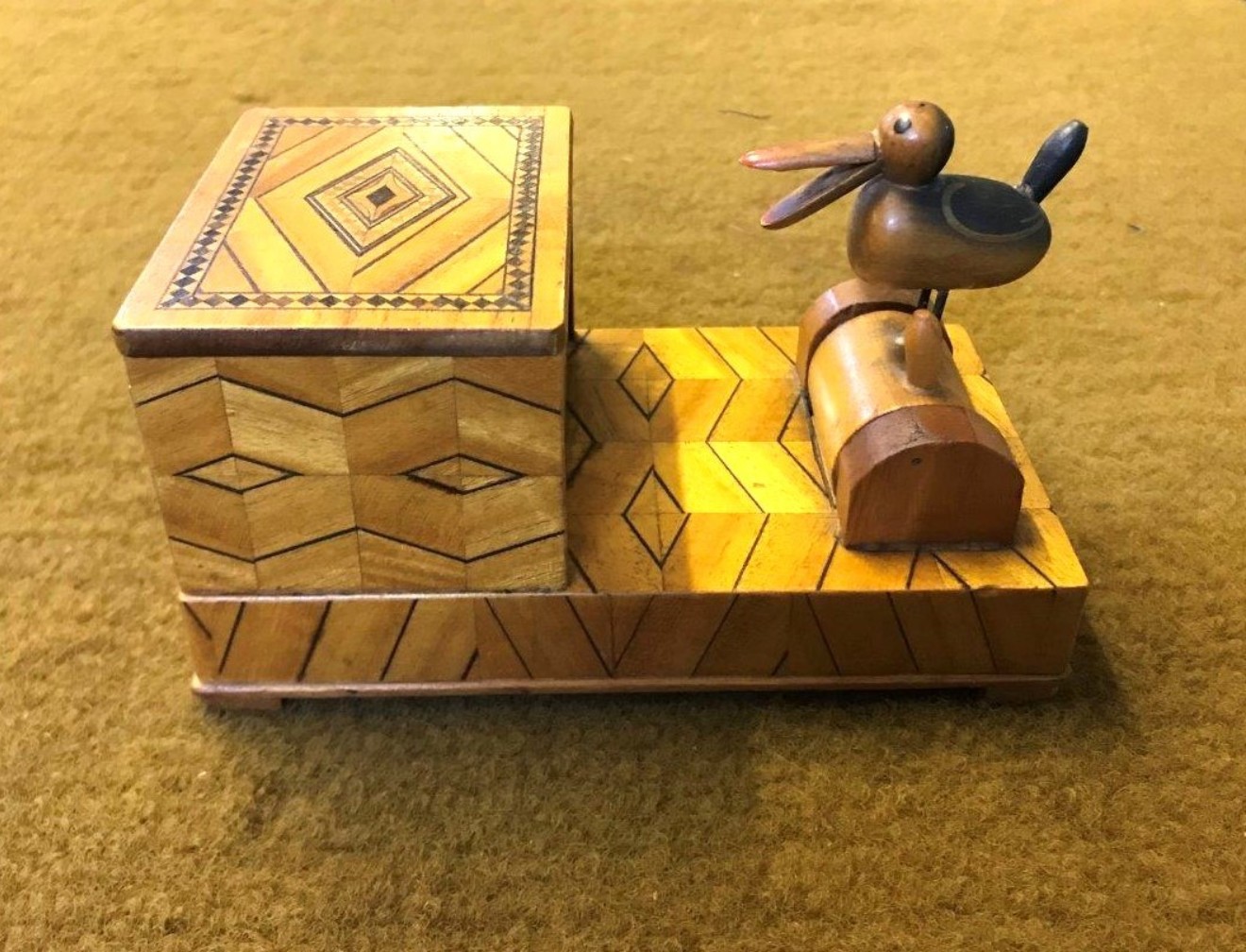 Vintage Pecking Bird / Marquetry Box Cigarette Dispenser