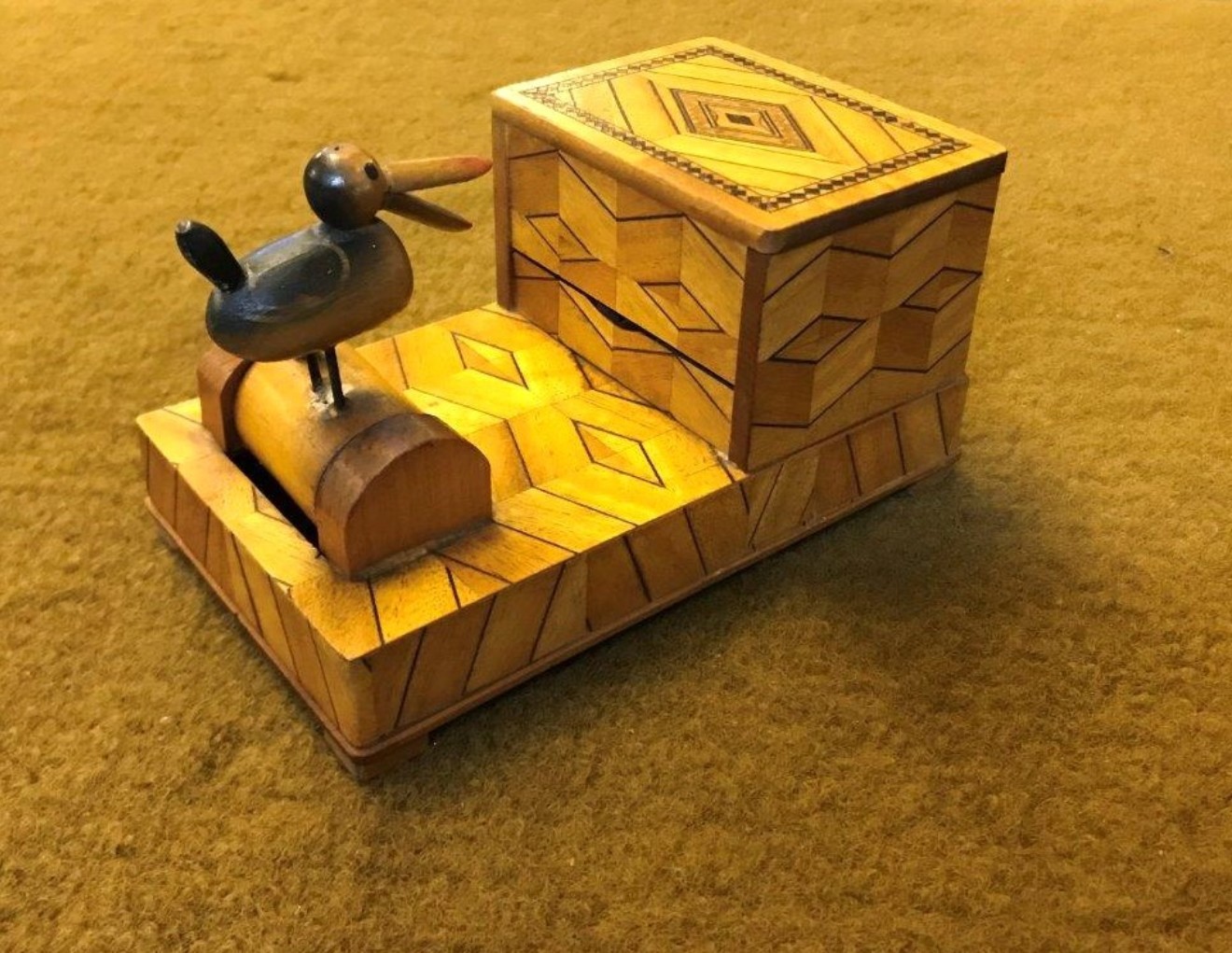 Vintage Pecking Bird / Marquetry Box Cigarette Dispenser