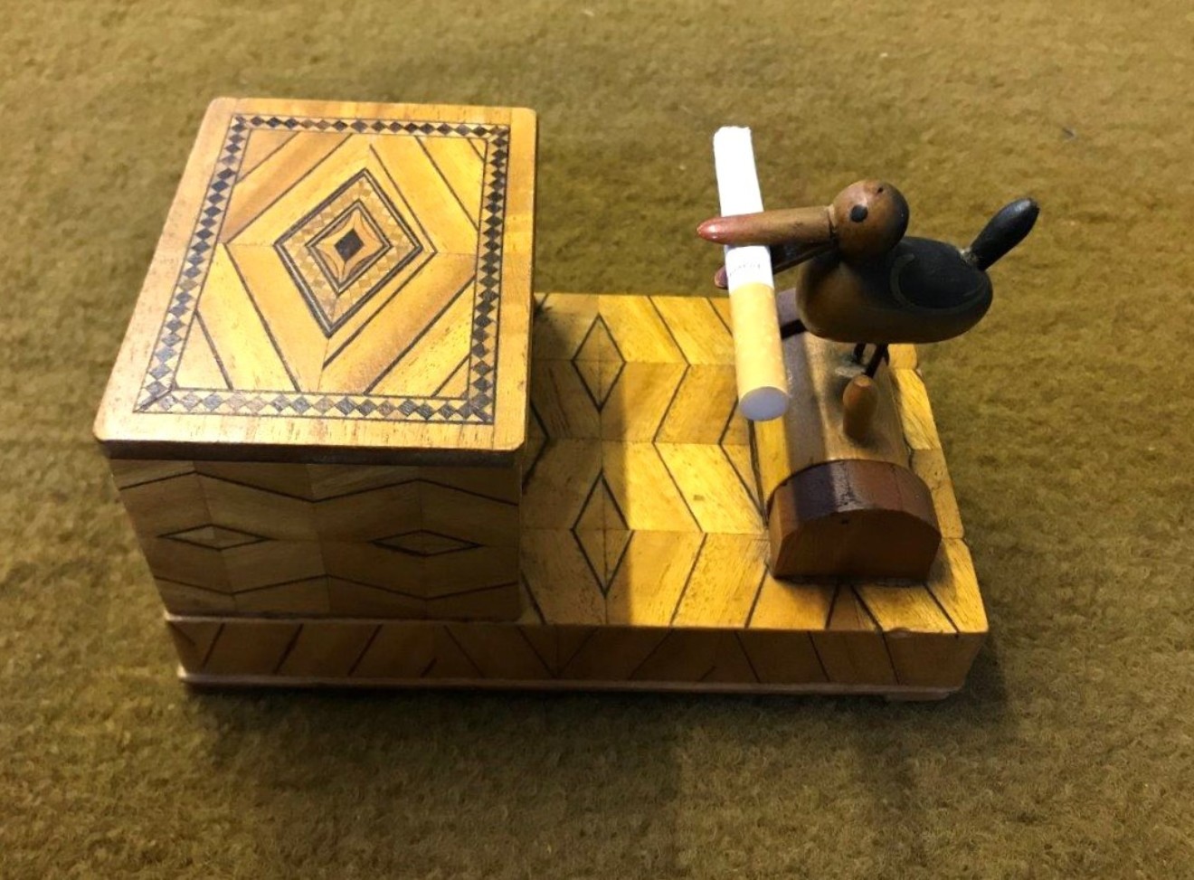 Vintage Pecking Bird / Marquetry Box Cigarette Dispenser