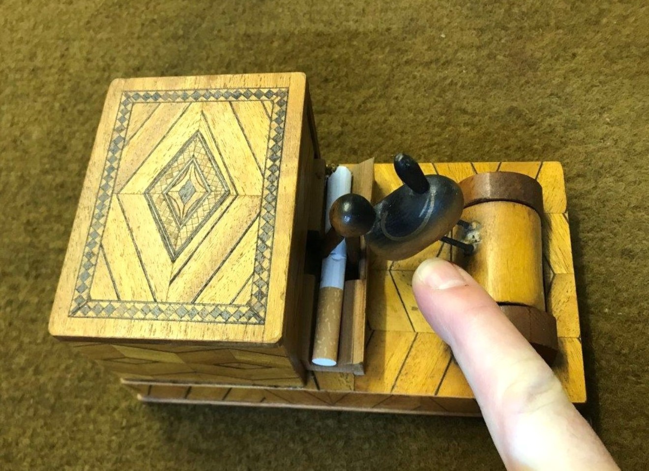 Vintage Pecking Bird / Marquetry Box Cigarette Dispenser