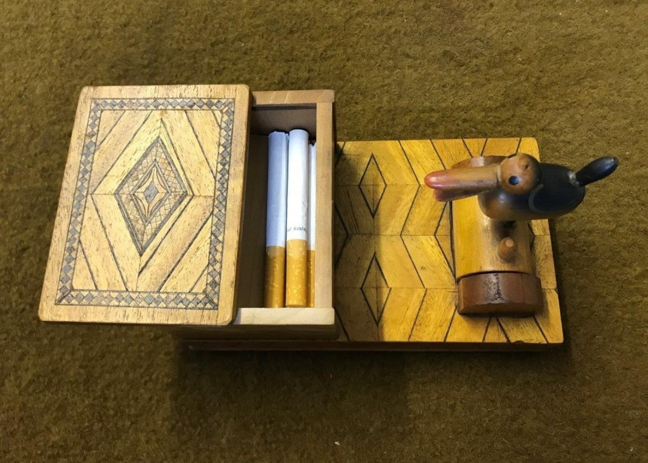 Vintage Pecking Bird / Marquetry Box Cigarette Dispenser