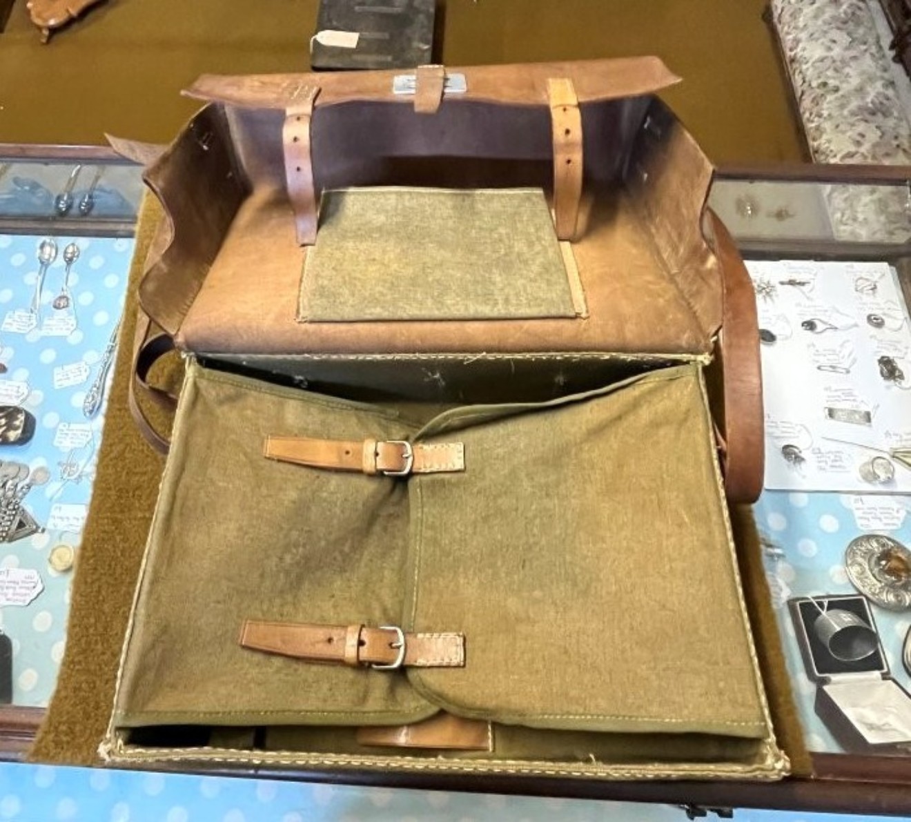 Vintage Swiss Army Style Leather and Canvas Fold Out Messenger Bag