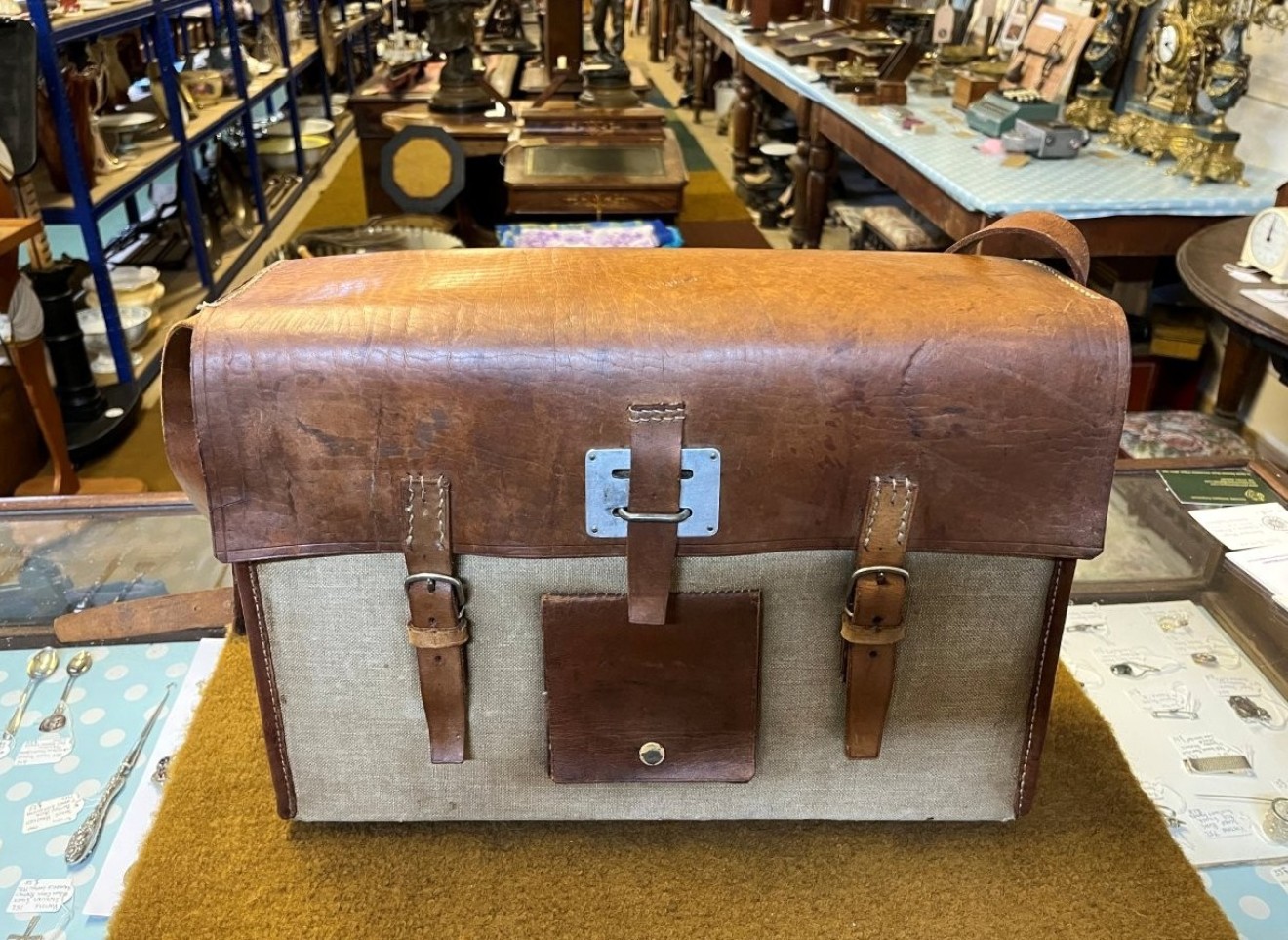 Vintage Swiss Army Style Leather and Canvas Fold Out Messenger Bag