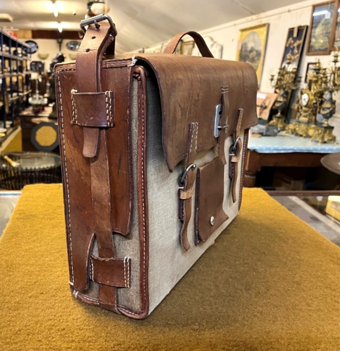 Vintage Swiss Army Style Leather and Canvas Fold Out Messenger Bag