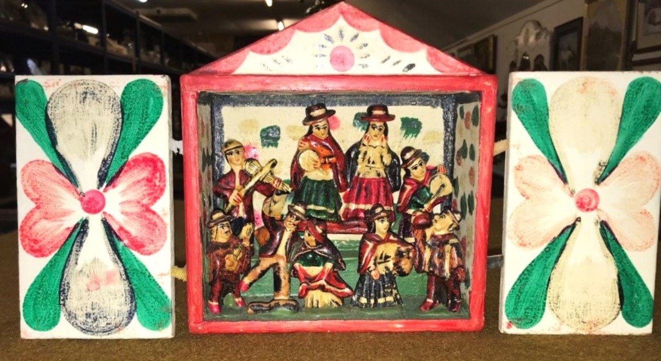 Vintage Peruvian 'Retablo Diorama' Model of Traditional Musicians on Stage