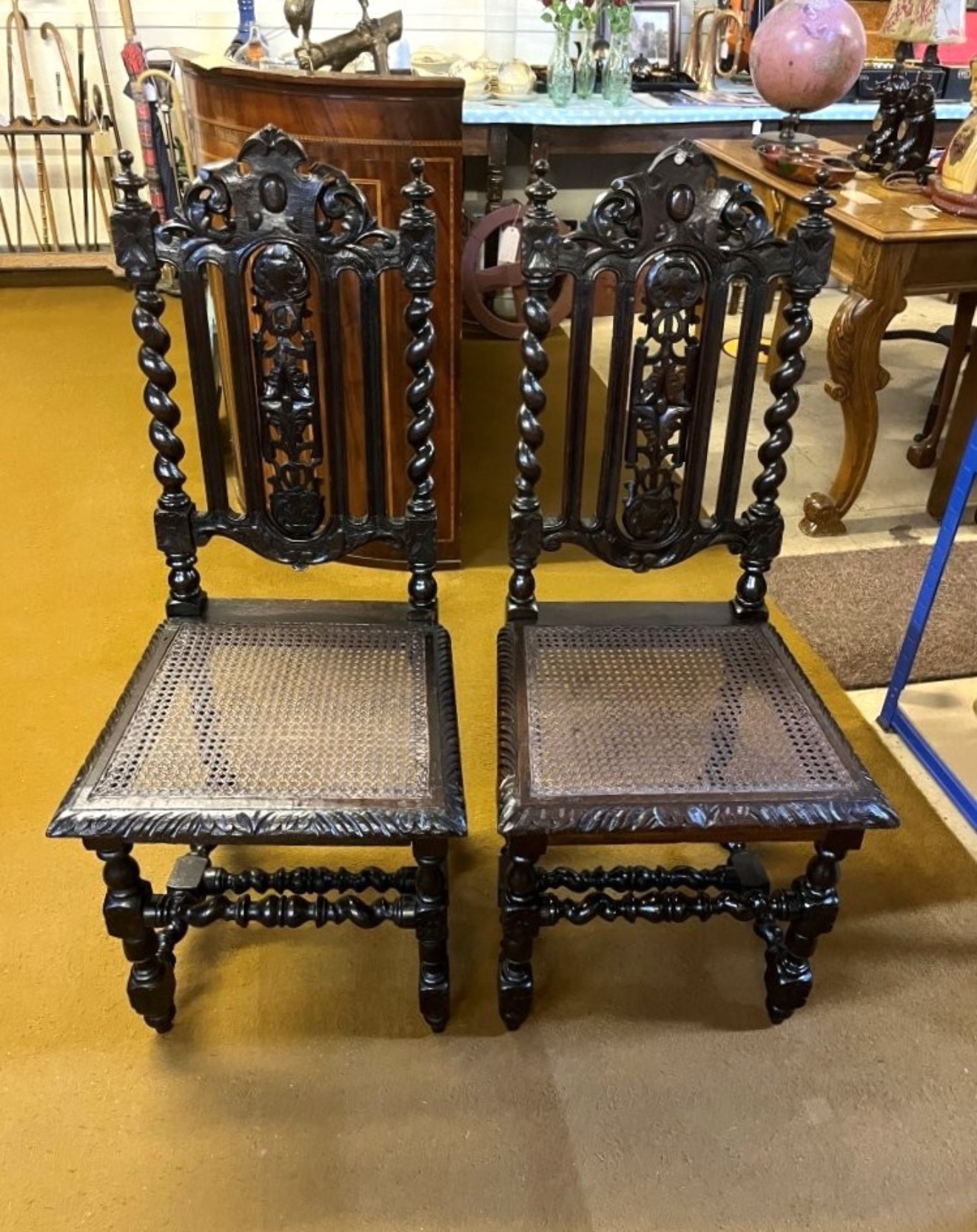 Antique Pair of Carved Oak Hall / Bedroom Chairs