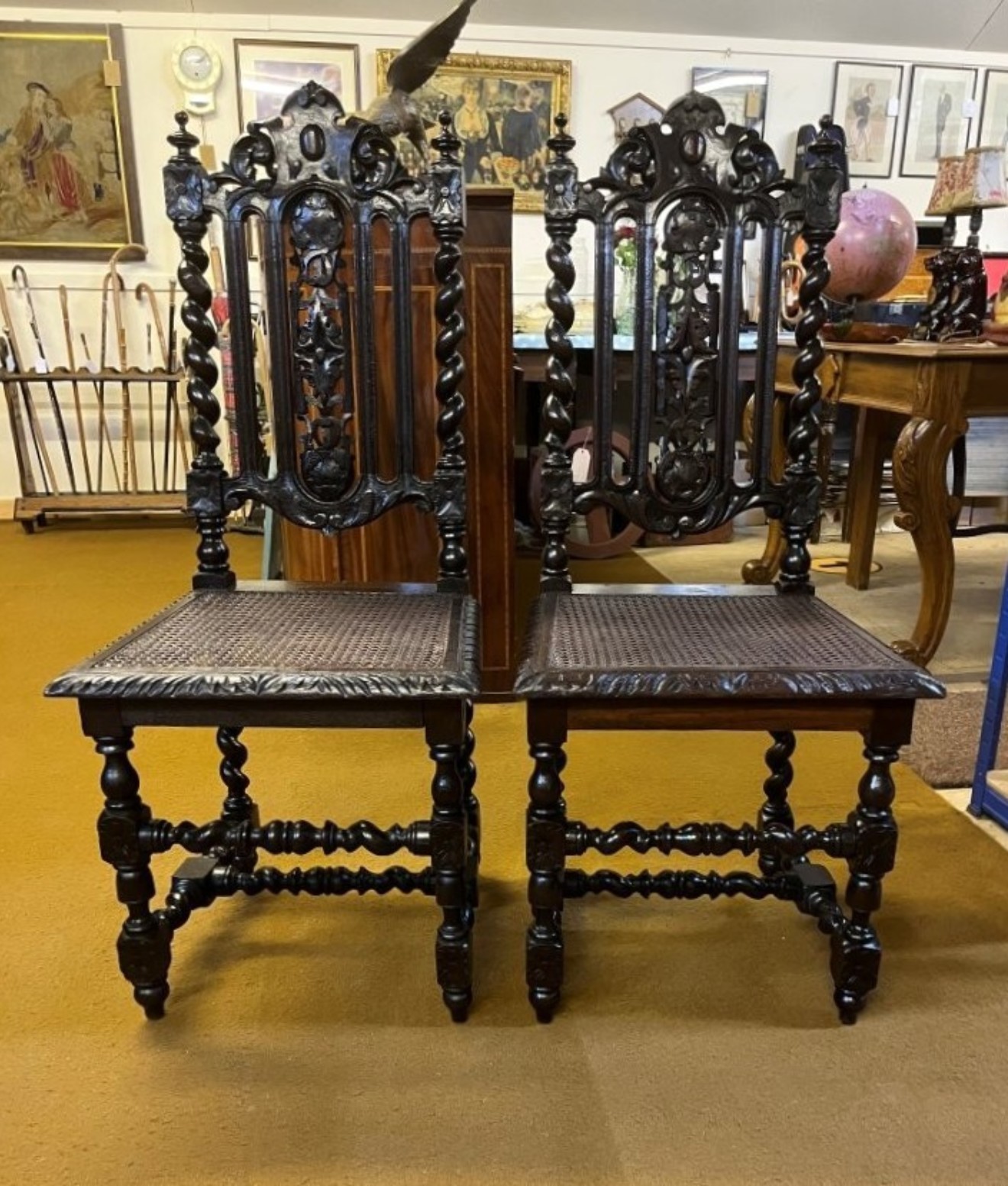 Antique Pair of Carved Oak Hall / Bedroom Chairs