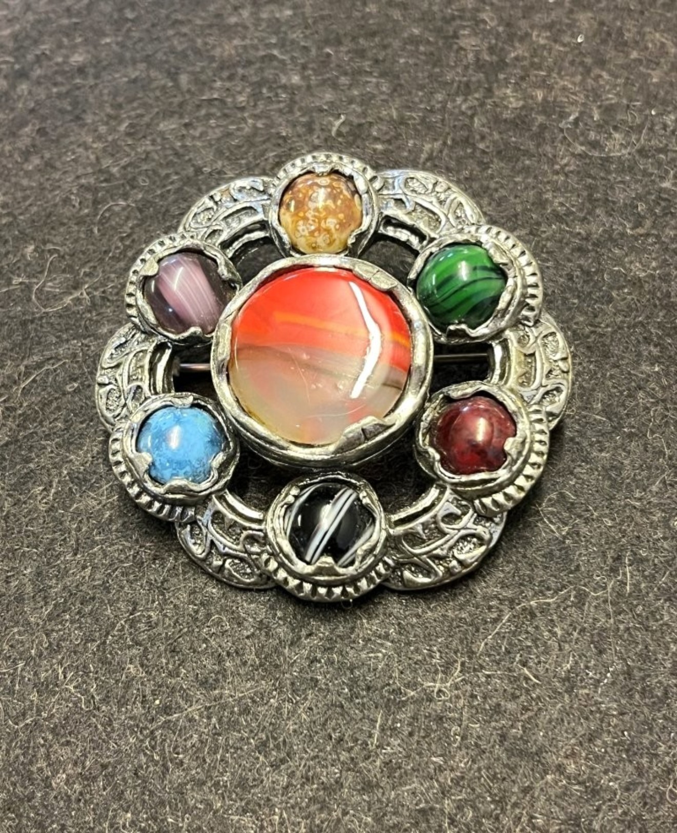 Vintage Scottish Brooch Silver Tone with Faux Agate Stones
