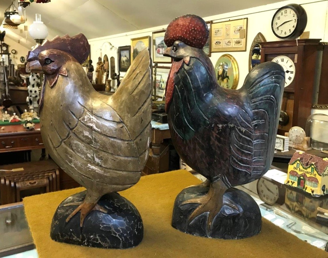 Vintage Pair of Wooden Carved Cockerel and Hen