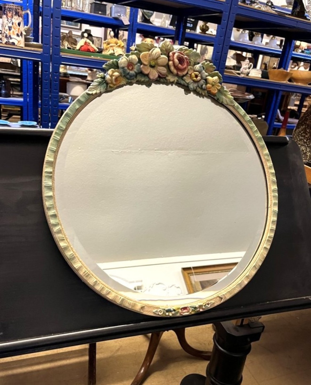 Art Deco "Barbola" Floral Design Round Wall Hanging Mirror