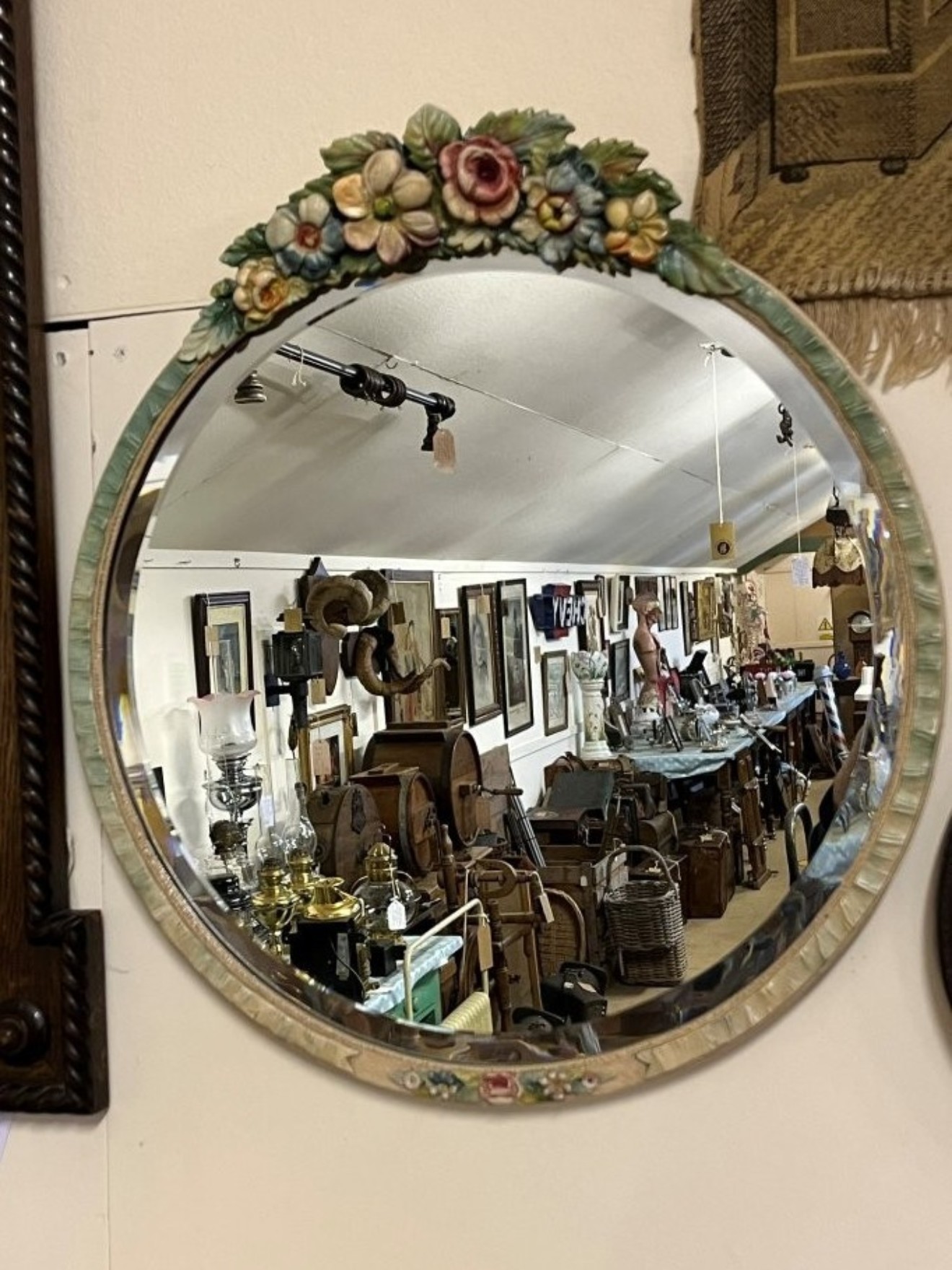 Art Deco "Barbola" Floral Design Round Wall Hanging Mirror
