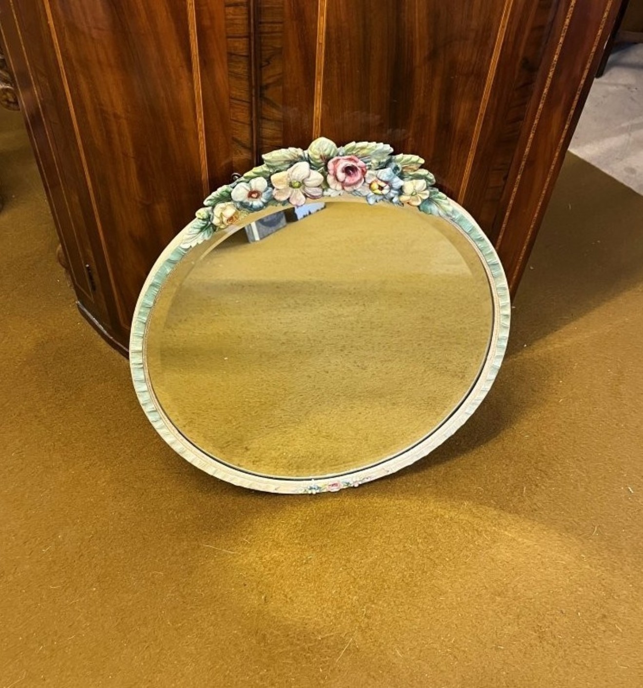 Art Deco "Barbola" Floral Design Round Wall Hanging Mirror