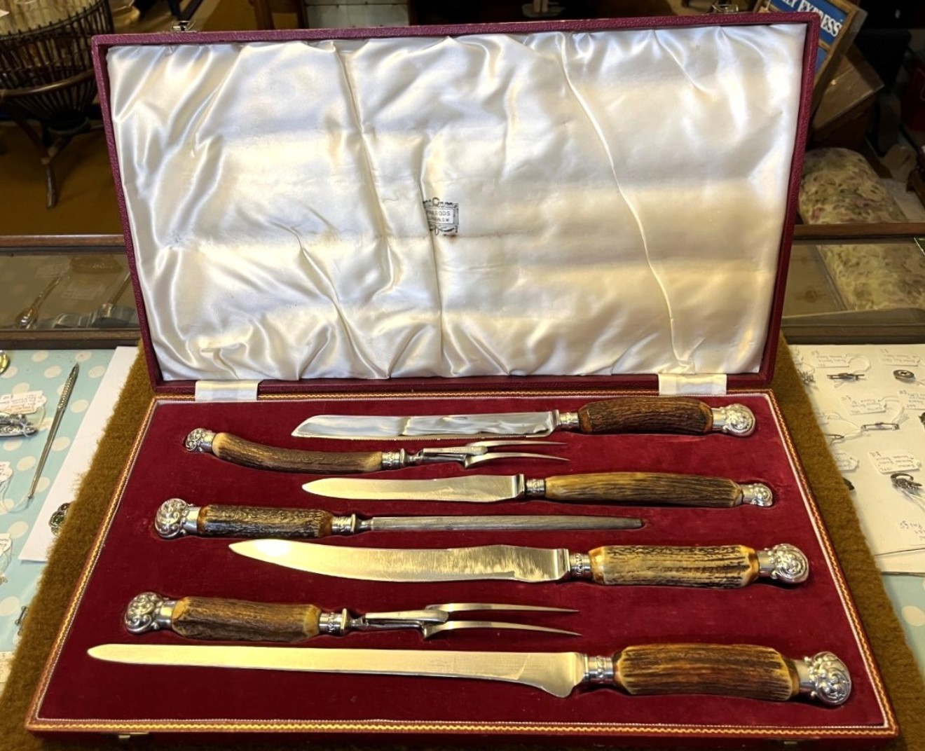 Vintage 7 Piece Horn Handled Carving Set by Harrod's Ltd Knightsbridge SW London