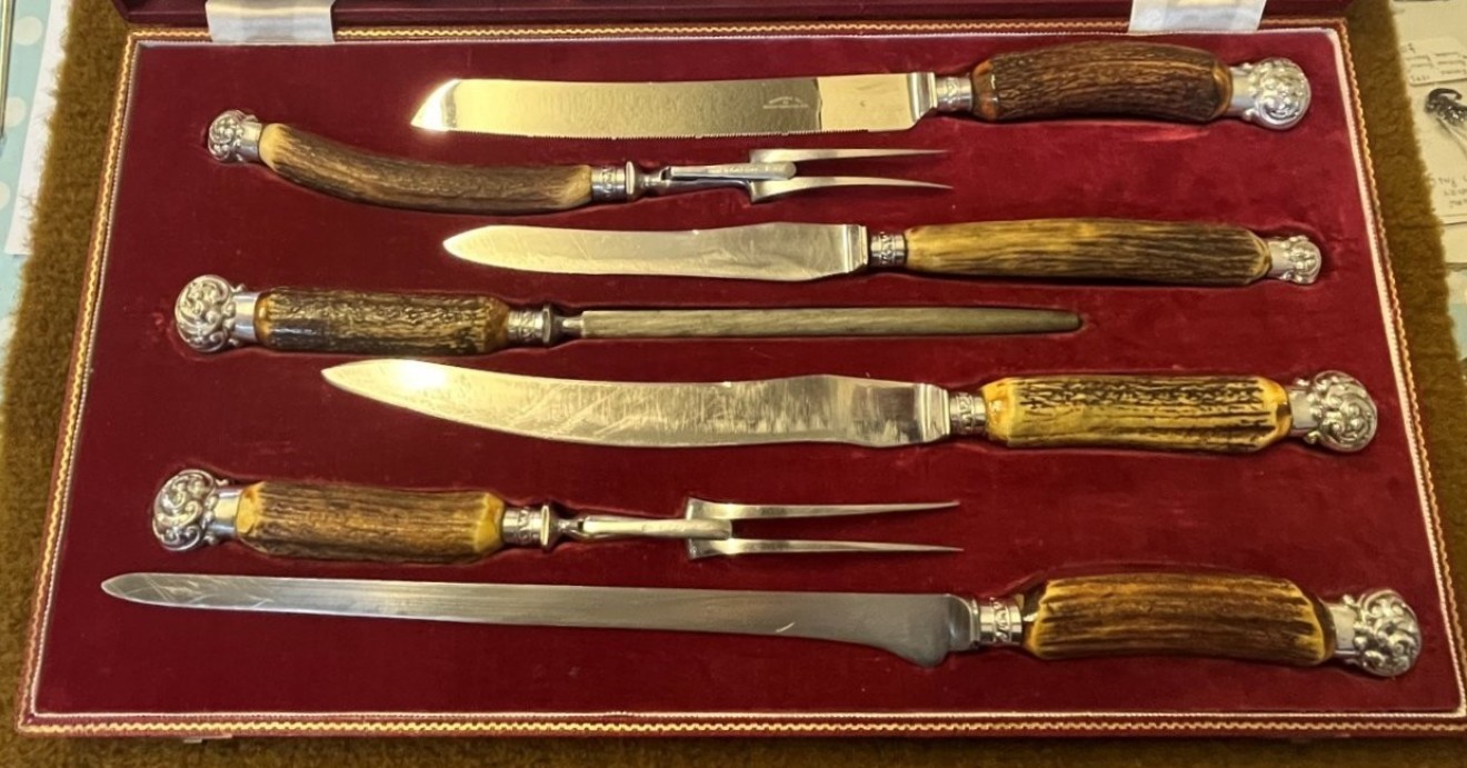 Vintage 7 Piece Horn Handled Carving Set by Harrod's Ltd Knightsbridge SW London