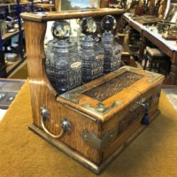 Victorian Oak Tantalus / Games Compendium with 3 Hob Nail Cut Glass Decanters and Silver Plated Fixtures