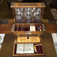 Victorian Oak Tantalus / Games Compendium with 3 Hob Nail Cut Glass Decanters and Silver Plated Fixtures