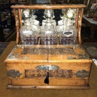 Victorian Oak Tantalus / Games Compendium with 3 Hob Nail Cut Glass Decanters and Silver Plated Fixtures