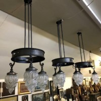 Antique Rustic Circular Light Fittings c/w 3 Flambeau / Empire Flame Globes