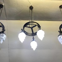 Antique Rustic Circular Light Fittings c/w 3 Flambeau / Empire Flame Globes