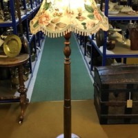 Vintage Acacia Wood Standard Lamp Turned and Carved Column / Base and Floral Shade