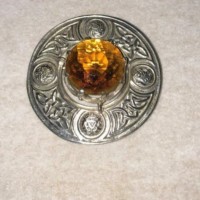 Vintage Silver Plated Scottish Plaid / Shawl Brooch with Amber Glass Stone