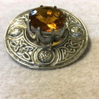 Vintage Silver Plated Scottish Plaid / Shawl Brooch with Amber Glass Stone