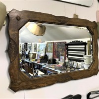 Arts & Crafts Oak Carved Bevelled Glass Mirror