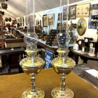 Antique Pair of Brass Oil Lamps with Silver Star Burners