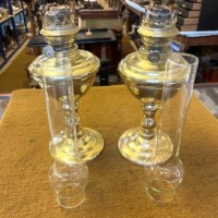 Antique Pair of Brass Oil Lamps with Silver Star Burners