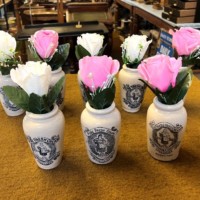 Antique Rich Preserved Cream Jars from Wigtownshire Creamery Stranraer with Silk Rose Artificial Flowers
