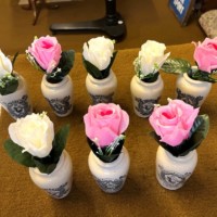 Antique Rich Preserved Cream Jars from Wigtownshire Creamery Stranraer with Silk Rose Artificial Flowers
