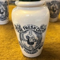 Antique Rich Preserved Cream Jars from Wigtownshire Creamery Stranraer with Silk Rose Artificial Flowers