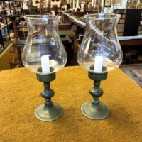 Vintage Pair of Patinated Brass Candle Holders with Glass Shades