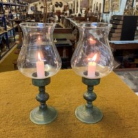 Vintage Pair of Patinated Brass Candle Holders with Glass Shades