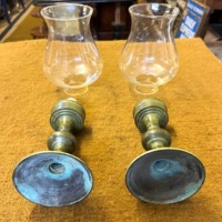 Vintage Pair of Patinated Brass Candle Holders with Glass Shades