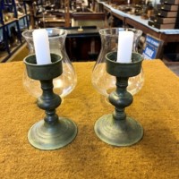 Vintage Pair of Patinated Brass Candle Holders with Glass Shades