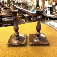 Antique Pair of Oak Arts & Crafts Candle Sticks