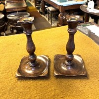 Antique Pair of Oak Arts & Crafts Candle Sticks
