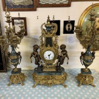 Vintage Italian 'Imperial' Gilt Brass and Green Marble Clock Garniture