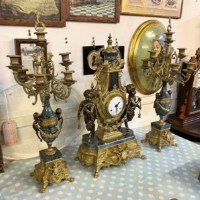 Vintage Italian 'Imperial' Gilt Brass and Green Marble Clock Garniture
