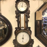 Edwardian Carved Oak Barometer Clock Thermometer