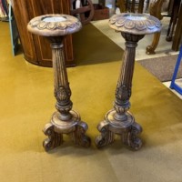 Antique Pair of Large Carved Wood Church Alter Pricket Candle Holders